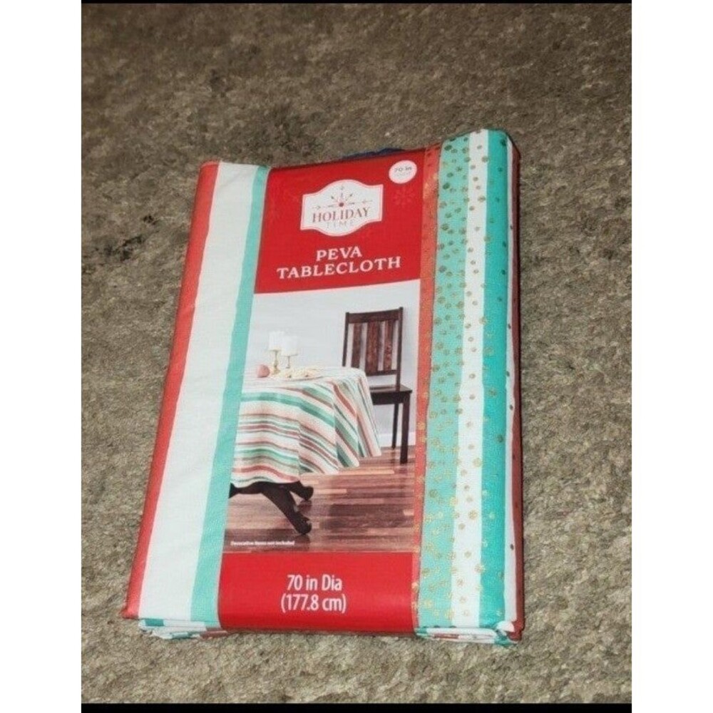 PEVA Tablecloth Holiday Stripes 70in round